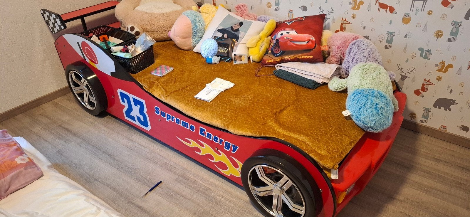 Kinderbed raceauto in topstaat! (ongebruikt!), Ophalen, 85 tot 100 cm, Nieuw, Lattenbodem