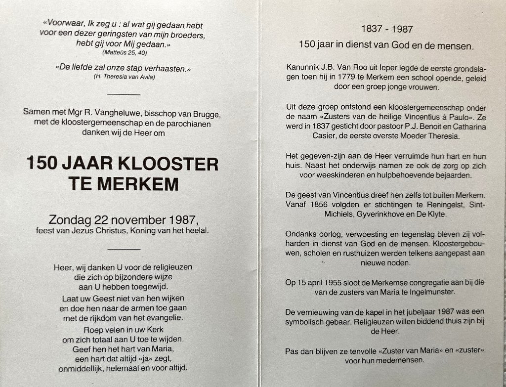 Uitgave ter gelegenheid van 150 jaar KLooster te Merkem, Envoi, Comme neuf