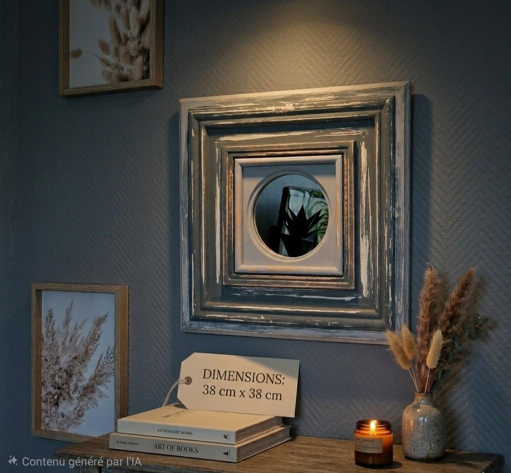Miroir mural carré Shabby Chic gris patiné 38,5x38,5cm, Enlèvement ou Envoi, Rond