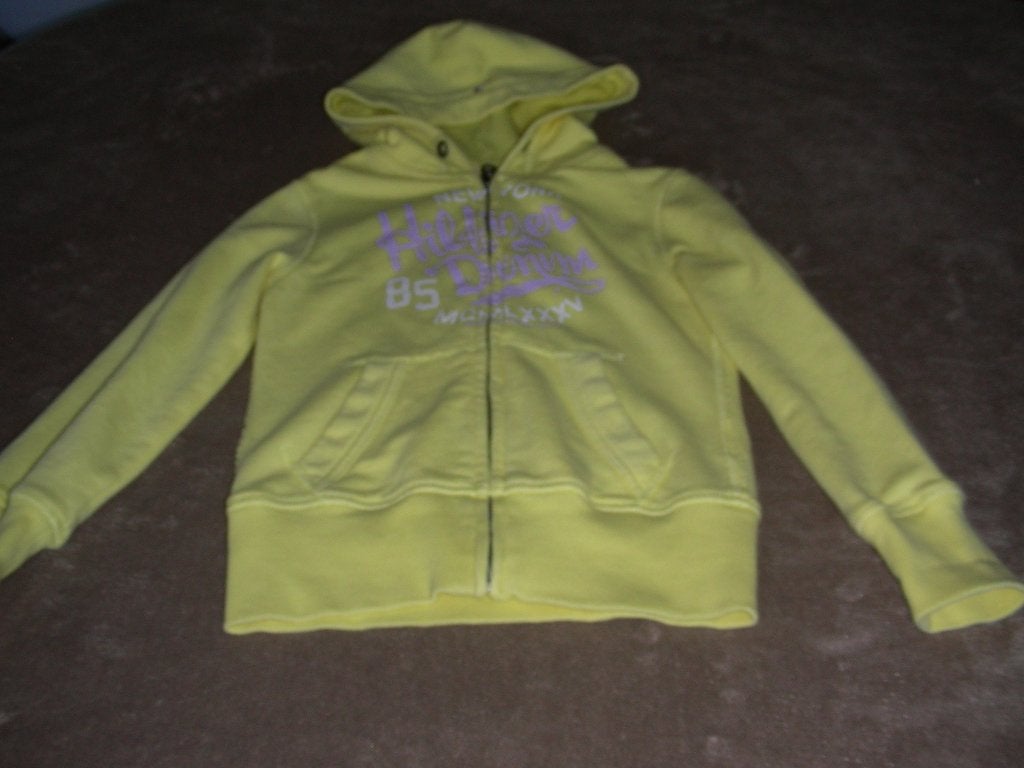 Gele cardigan met rits + muts, Tommy Hilfiger, mt 8 jaar,128, Meisje, Trui of Vest, Ophalen of Verzenden, Tommy Hilfiger