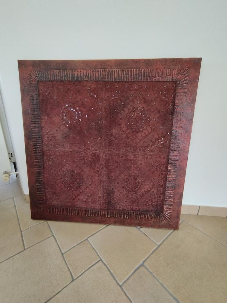 Handgemaakte Indonesische mixed media doek 100x100 cm, Huis en Inrichting, Ophalen