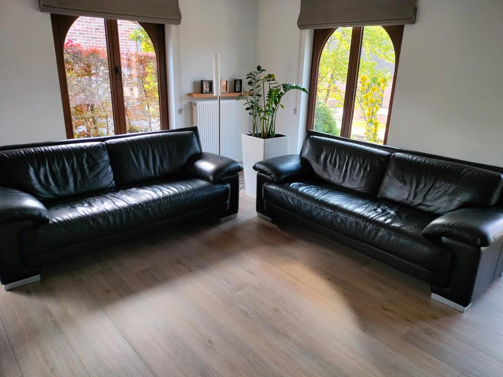 2 x Zwart lederen 3-zit, Ophalen, Gebruikt, Leer, Modern