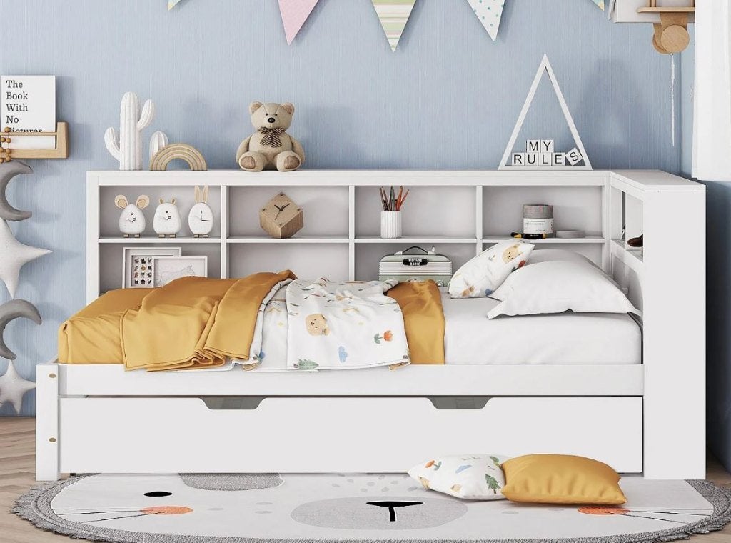 Bed 140x200 cm met een onderschuifbed en opbergruimtes, Huis en Inrichting, Ophalen, Wit, Nieuw, Overige maten