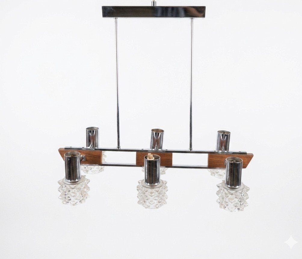 Karaktervolle vintage design luchter in hout chroom en glas, Ophalen, Glas