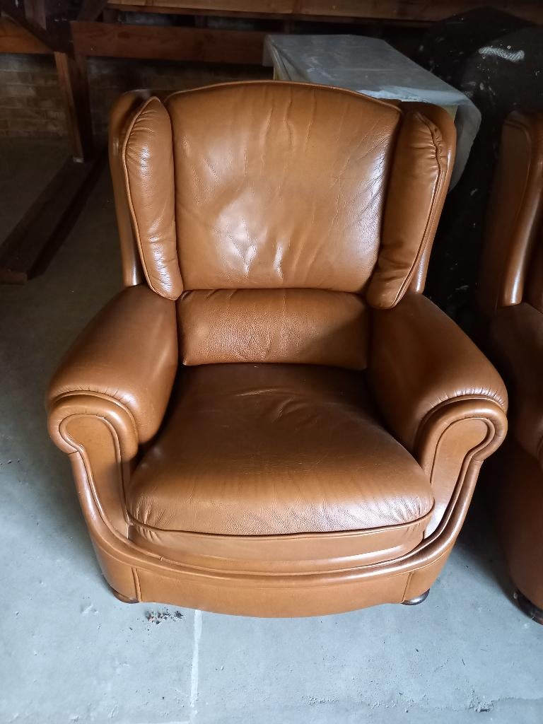 LEDEREN FAUTEUIL heel sterk buffelleder 2 stuks, Ophalen, Klassiek, 75 tot 100 cm, Zo goed als nieuw
