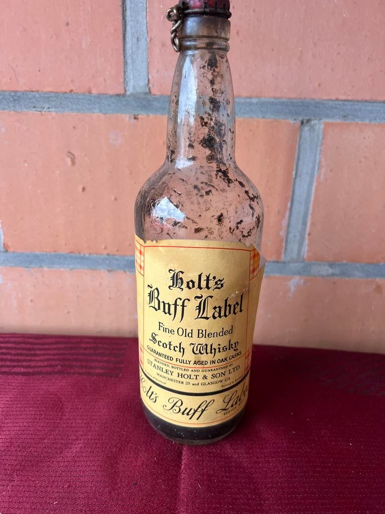 Oude fles whisky holts buff label, Verzamelen, Ophalen of Verzenden, Gebruikt