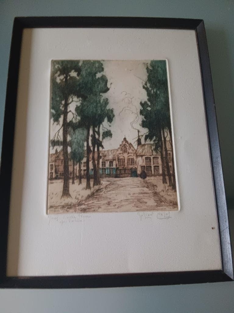 ets gesigneerd Julien Celos , oud plein Ieper, Ophalen of Verzenden, Ets, Gesigneerd