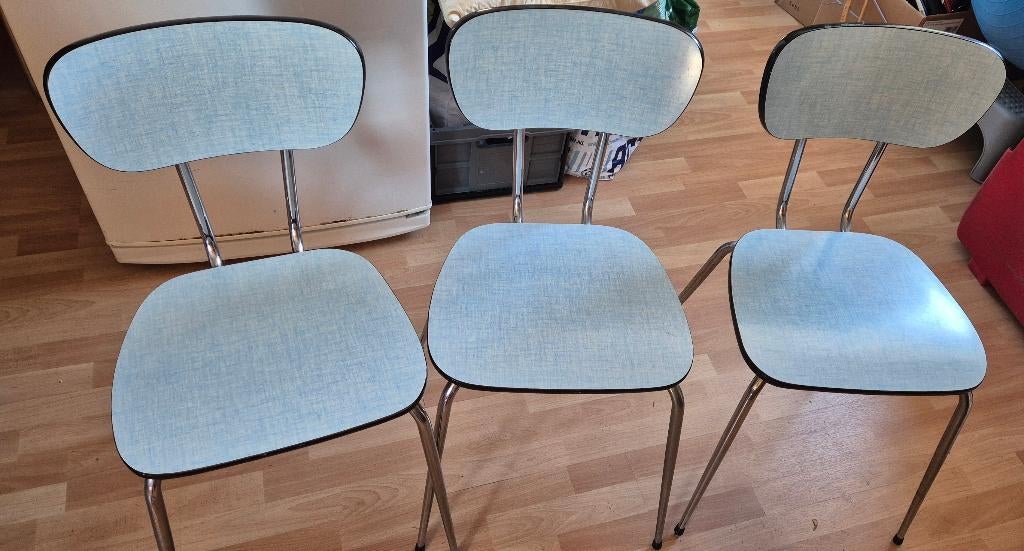 3 Chaises Vintage Formica Bleu – Look Rétro/Années 60, Maison & Meubles, Chaises, Utilisé, Trois, Métal, Autres matériaux, Bleu