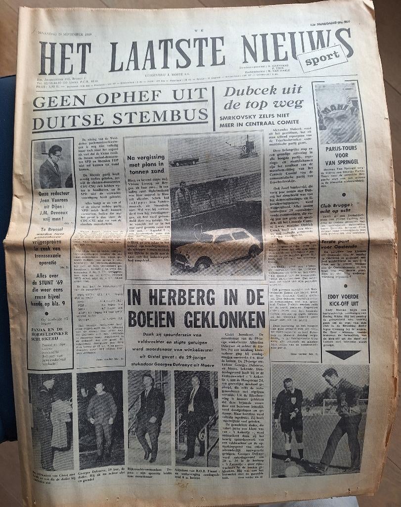 oude krant: Het laatste nieuws- 29 sep 1969, Ophalen of Verzenden, Gelezen, Krant