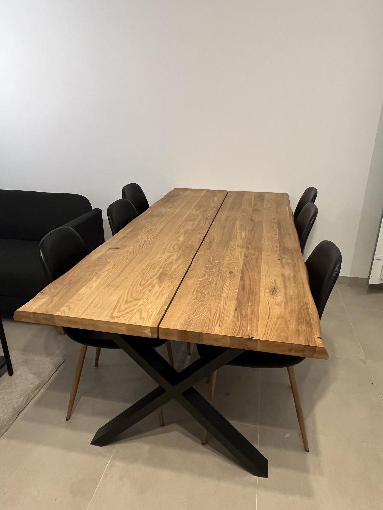 Table en chêne + 6 chaises en cuir inclus, Neuf, 150 à 200 cm, Cinq personnes ou plus, Enlèvement