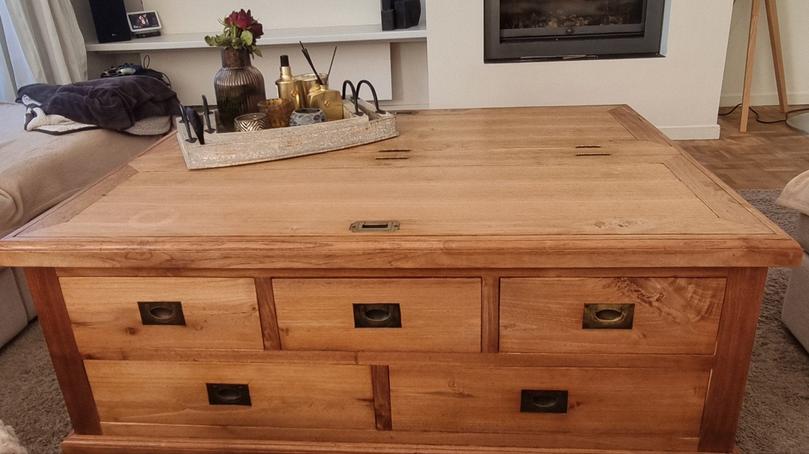 salontafel echt teak met opbergruimte en laden, Huis en Inrichting, Ophalen, Gebruikt, 100 tot 150 cm, Teakhout