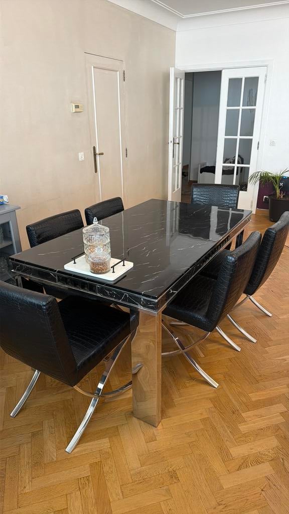 Table marbre noir + 6 chaises, Ophalen, Zo goed als nieuw
