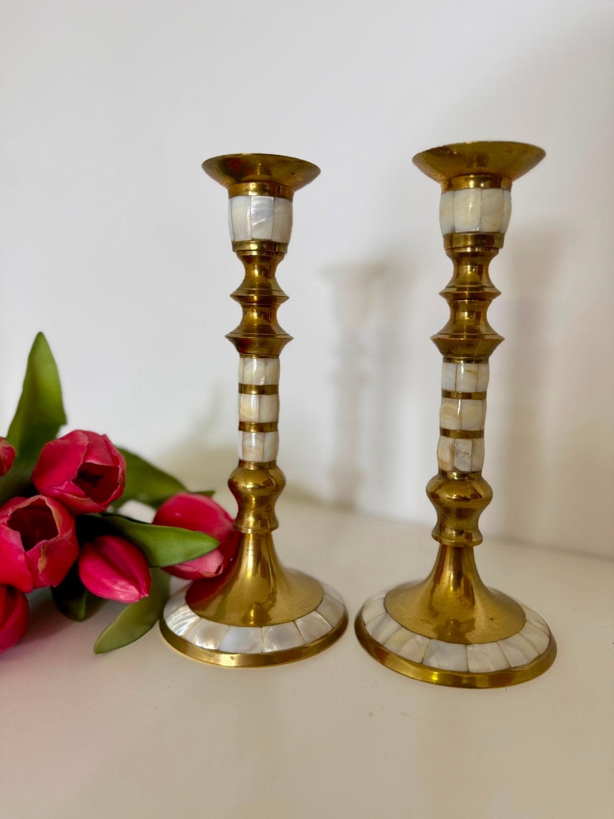 2 magnifiques chandeliers en cuivre avec nacre, Enlèvement