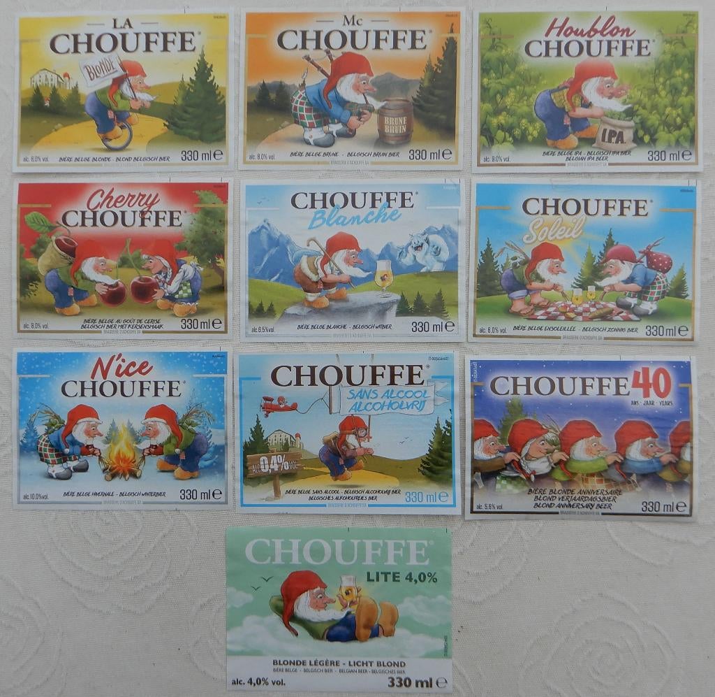 Bieretiket Chouffe serie brouwerij d'Achouffe (13e9), Verzenden, Gebruikt