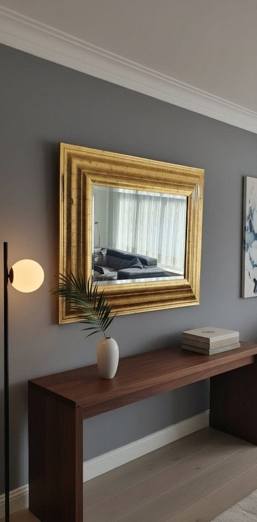 Grote spiegel met gouden lijst en geslepen spiegel, Antiek en Kunst, Antiek | Spiegels, Ophalen, Rechthoekig, 100 tot 150 cm, Minder dan 100 cm