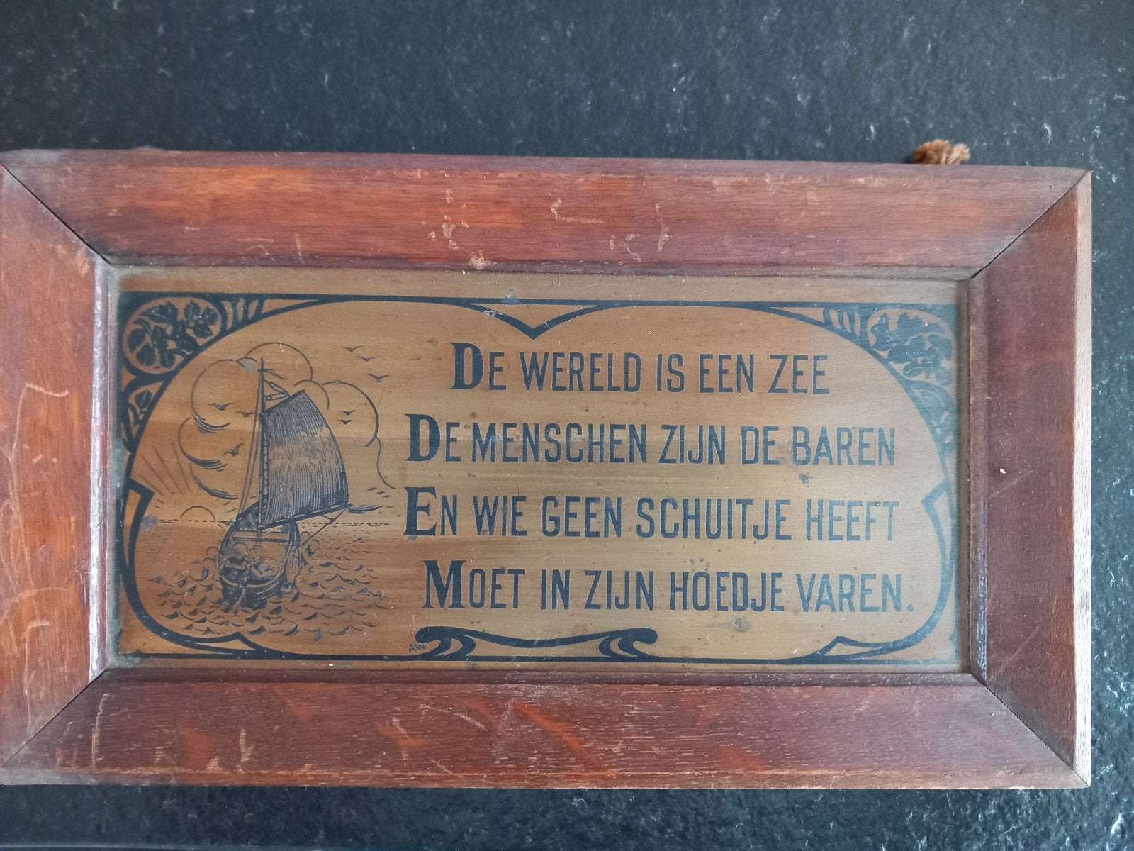 spreken op koperen plaat in houten kader, Antiek en Kunst, Ophalen