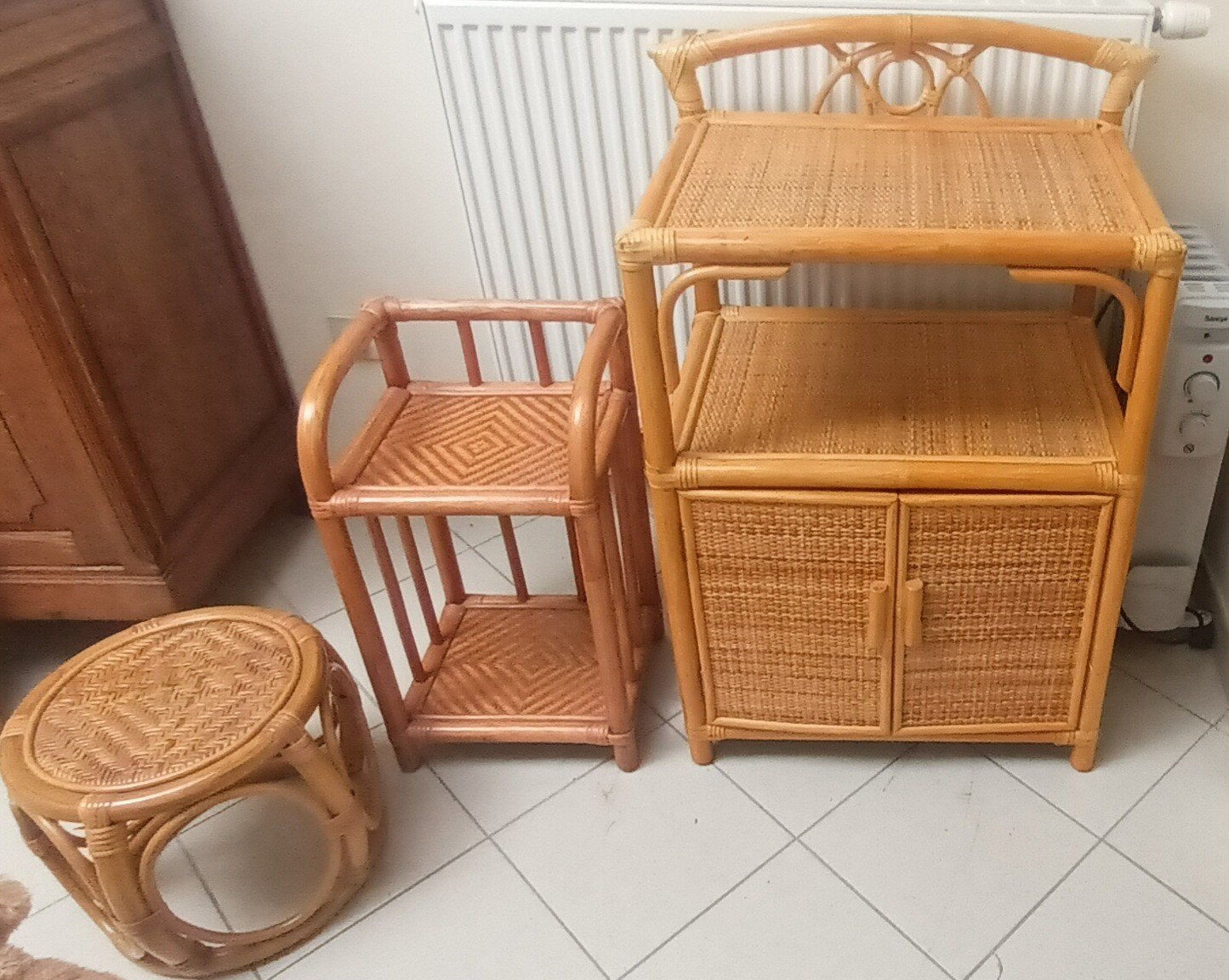 Set van 3 vintage rotan meubeltjes, Huis en Inrichting, Ophalen
