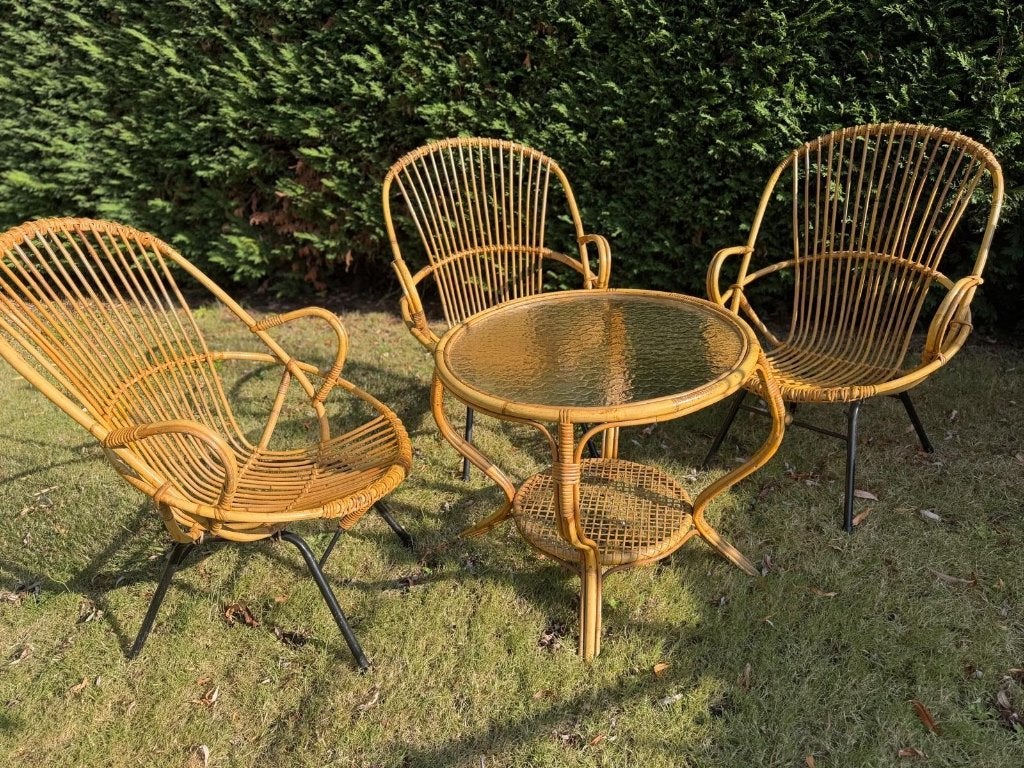 Vintage Rohé Noordwolde rotan tuinset 3 stoelen tafel krukje, Ophalen