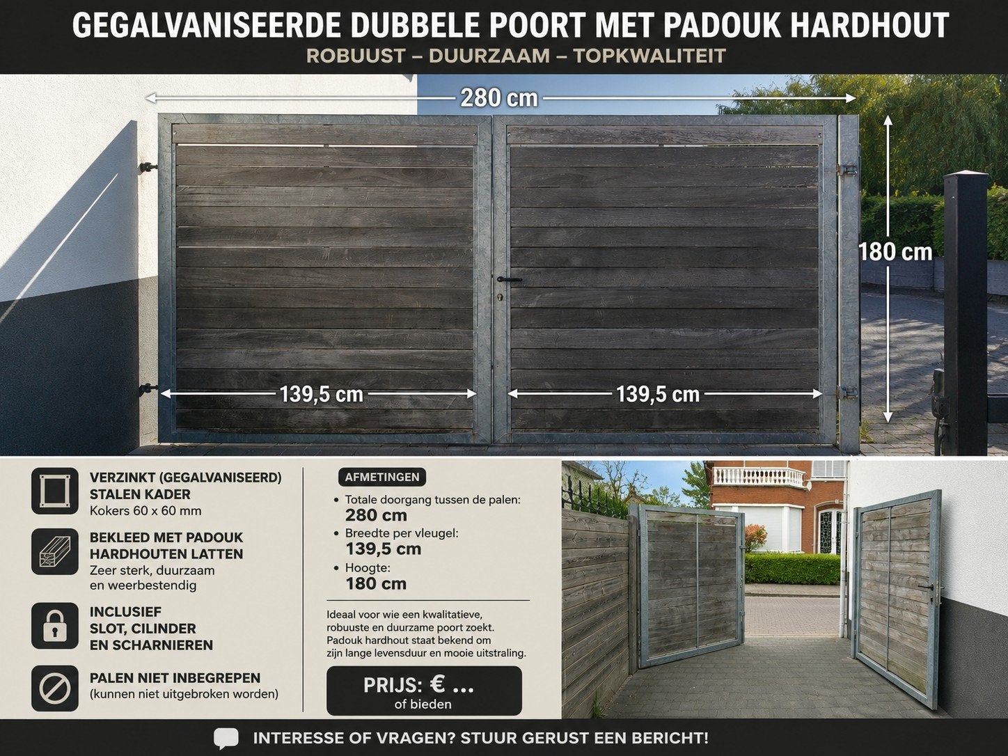 Gegalvaniseerde dubbele poort met padouck planken, Tuin en Terras, Ophalen