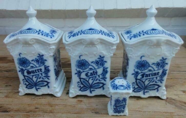 3 Franstalige Zwiebelmuster voorraadpotten + peper strooier, Ophalen of Verzenden