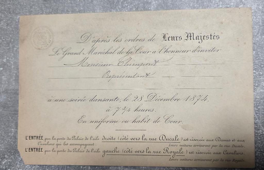 1874+Leopold 2+uitnodigingskaart+Thienpont+Belgicana+Palace, Verzamelen, Koningshuis en Royalty, Gebruikt, Kaart, Foto of Prent