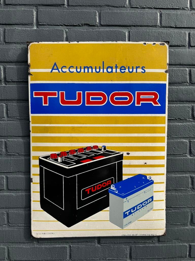 TUDOR Accus oud emaille reclamebord, Ophalen of Verzenden, Gebruikt, Reclamebord