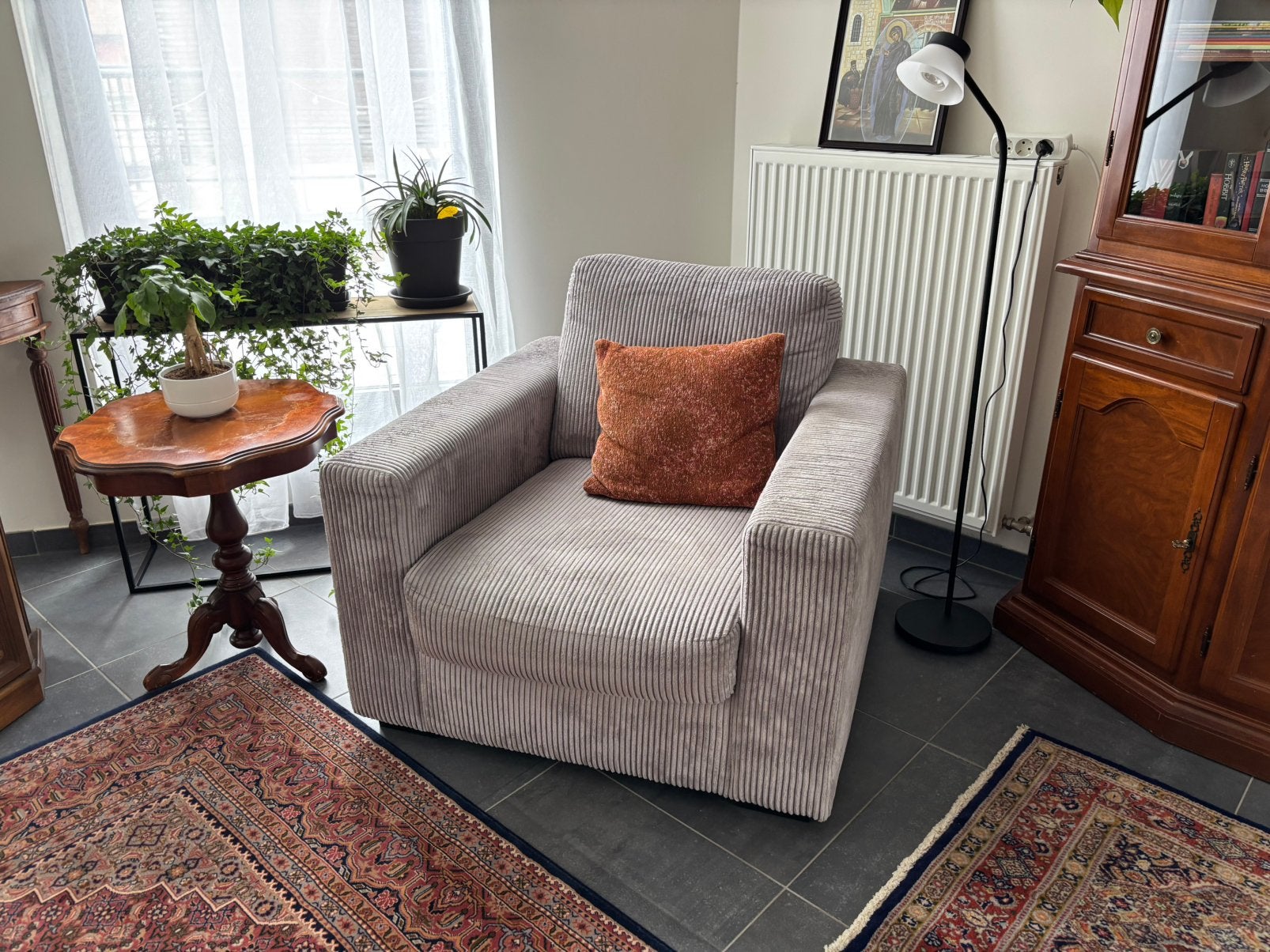 Comfortabele fauteuil in ribstof - grijs, Ophalen, Zo goed als nieuw, Eenpersoons, Stof