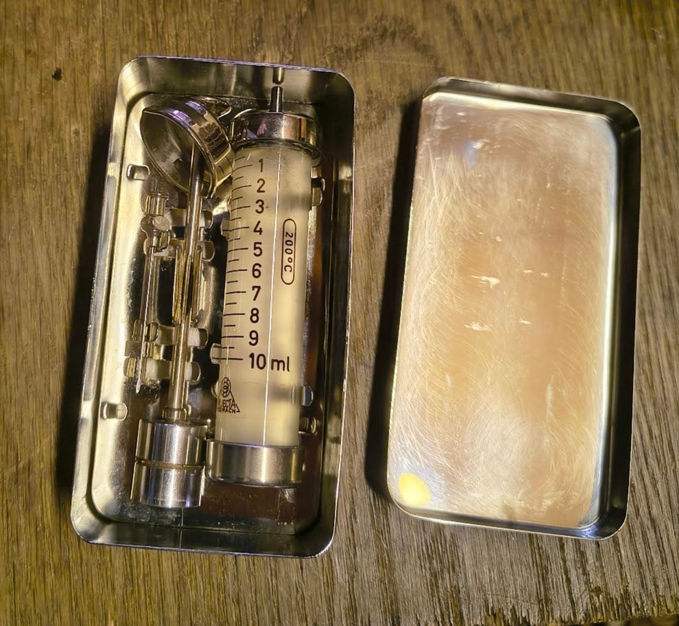 Antieke glazen injectiespuit "Thermo-Stahl" – Jenaer Glas, Antiek en Kunst, Ophalen of Verzenden