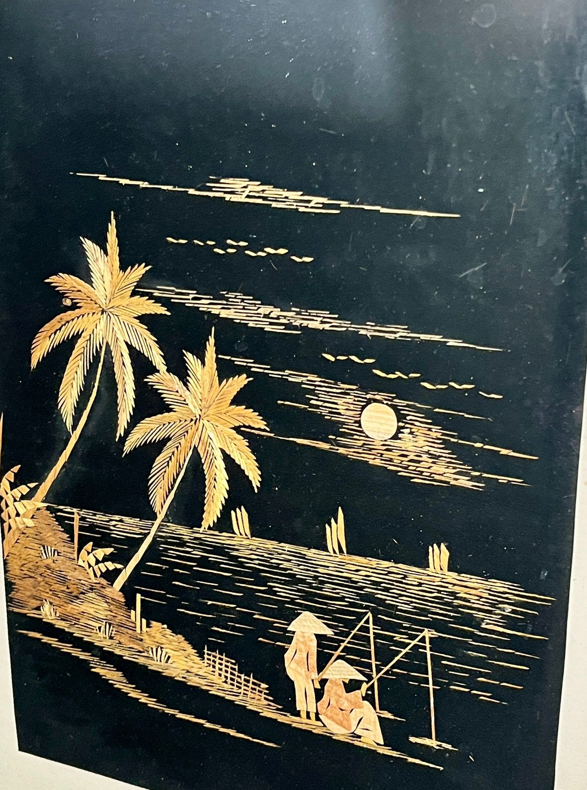 Indonesisch palmblad schilderij ingekaderd, Antiek en Kunst, Gelimiteerde oplage, Overige materialen, Overige technieken, Landschap