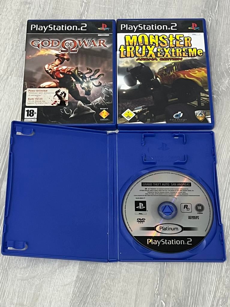 PS2: GTA San Andreas + God Of War + Monster Trux Extreme, Ophalen, Zo goed als nieuw, Avontuur en Actie