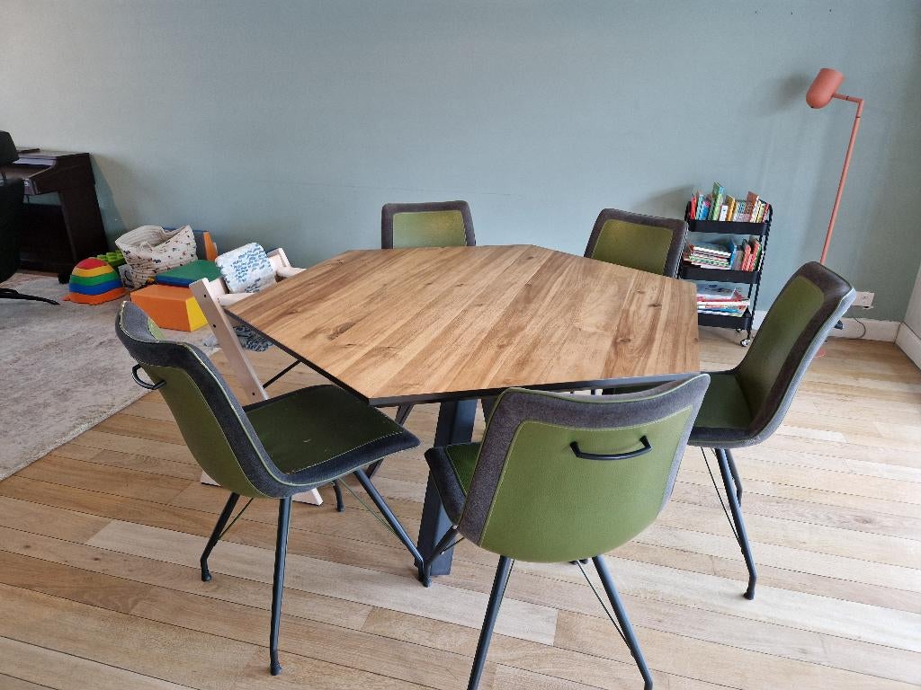 Zeshoekige eettafel 150 cm – warm fineer, 6 personen, Huis en Inrichting, Ophalen, Gebruikt, Vijf personen of meer, 100 tot 150 cm