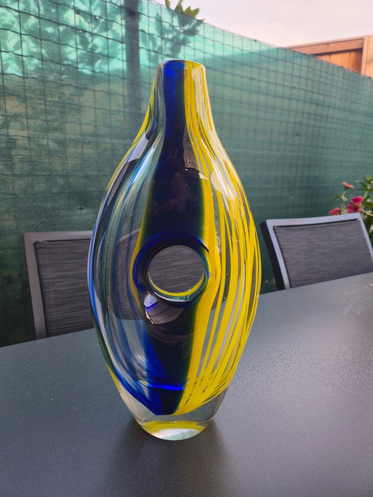 grote & zware geel blauwe design murano vaas, Ophalen