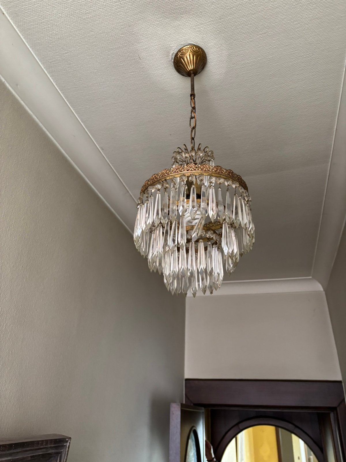2 luchters goudkleurig, Huis en Inrichting, Lampen | Kroonluchters, Ophalen, Gebruikt, Glas, Antiek