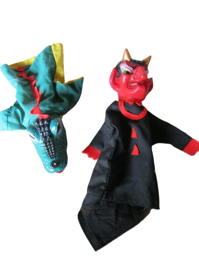 Handpuppets duivel + krokodil poppenkast handpoppen., Ophalen