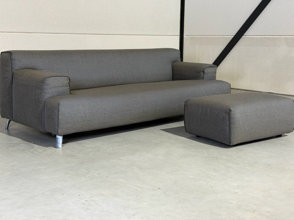 Leolux Oscar bank met hocker - grijs, Ophalen, Gebruikt, Leer, 100 tot 125 cm