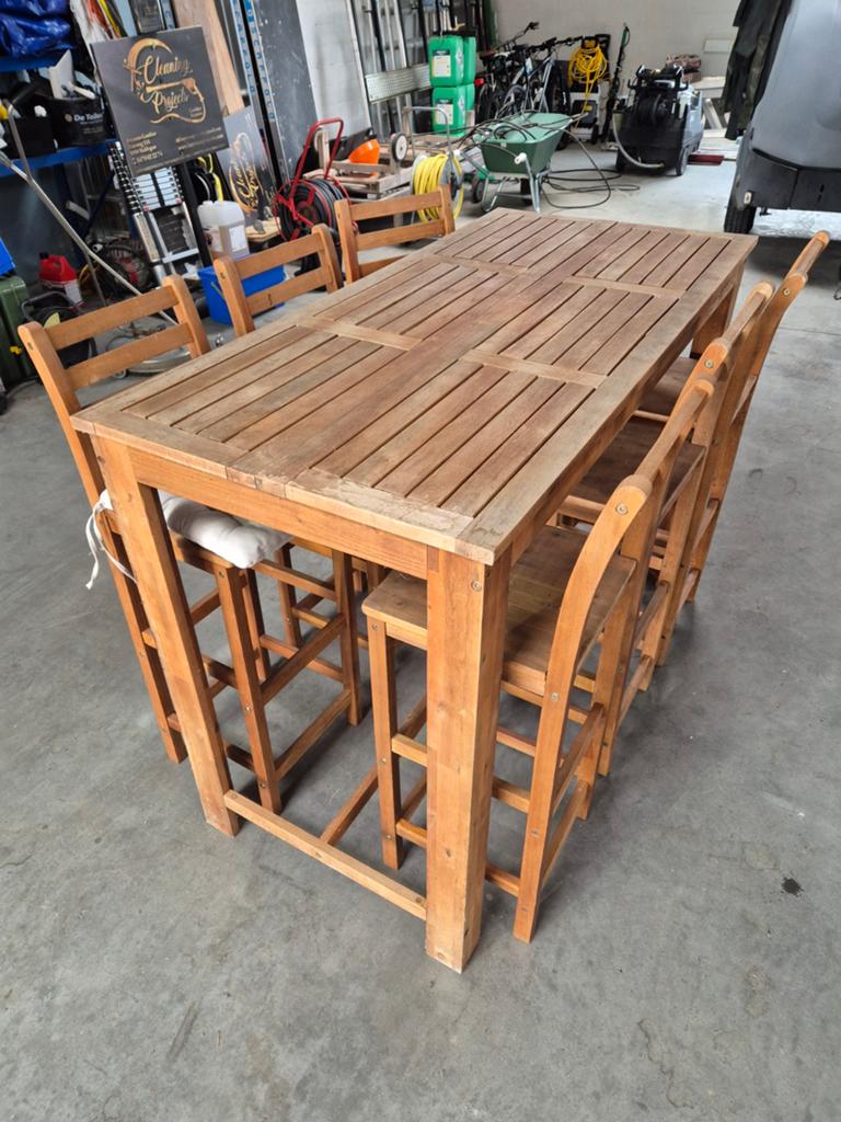 Hoge bartafel met 6 barstoel in teak, Tuin en Terras, Ophalen, Gebruikt, Hardhout, 6 zitplaatsen
