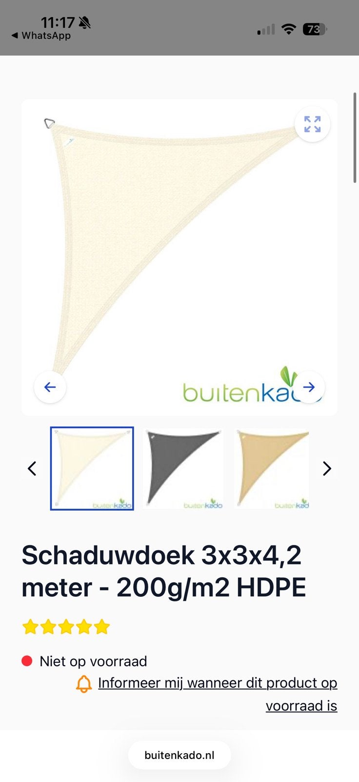 Schaduwdoek 3x3x4.2, Tuin en Terras, Ophalen of Verzenden, Zo goed als nieuw