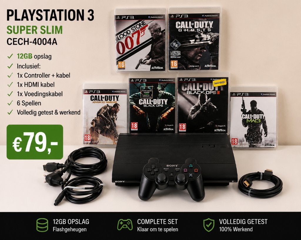 PS3 Super Slim 12GB (Compleet) + 6 Games (COD,MW3,Black Ops), Games en Spelcomputers, Spelcomputers | Sony PlayStation 3, Gebruikt