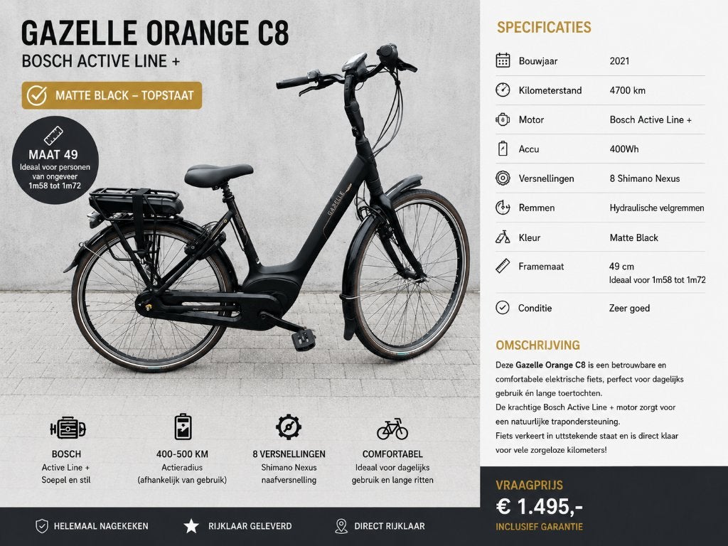 Gazelle Orange C8 – 4.500 km –2021 BOSCH midmotor MAAT 49, 47 à 51 cm, 50 km par batterie ou plus, Comme neuf, Enlèvement