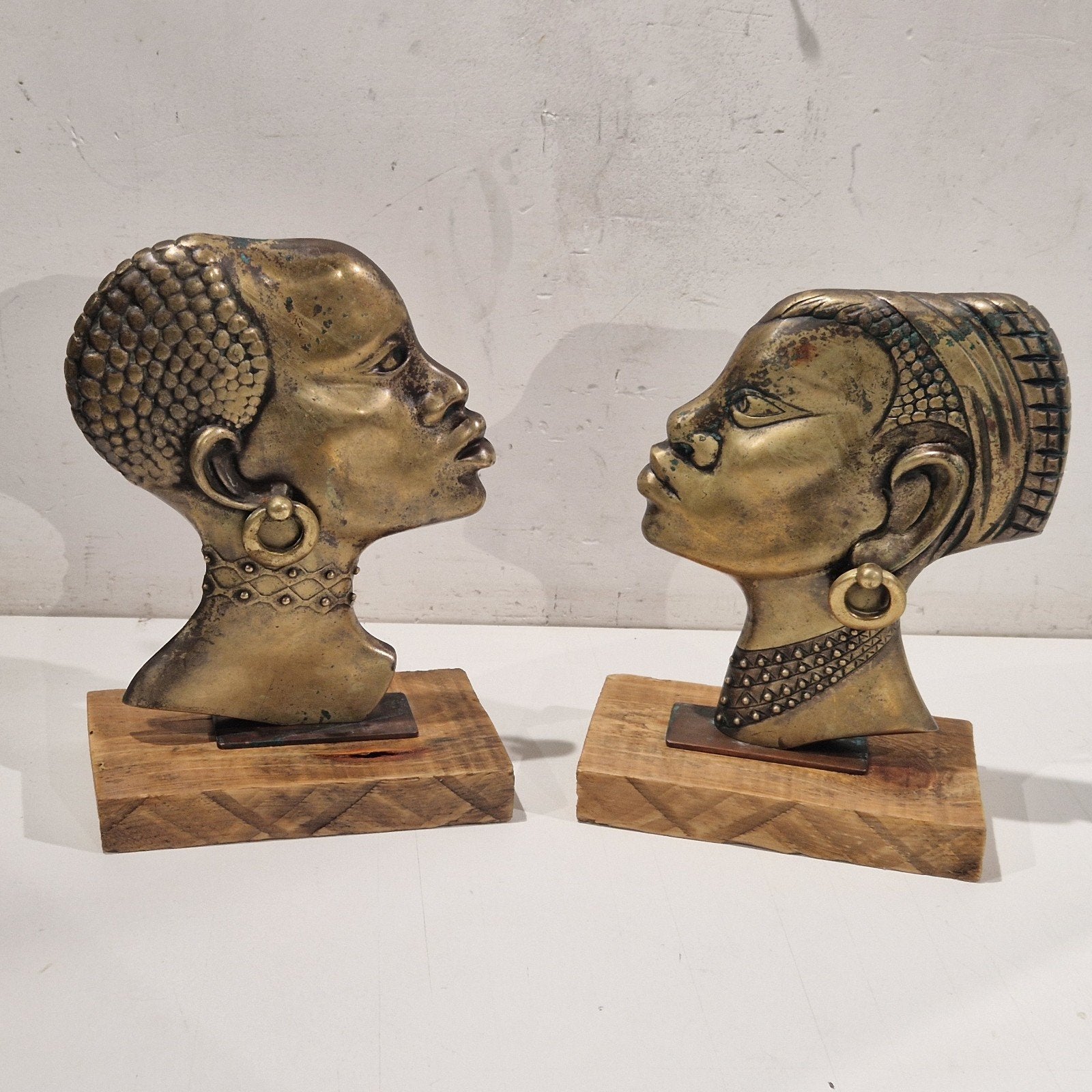 Vintage bronzen etnische koppel buste - Art Deco stijl, Enlèvement ou Envoi, Bronze