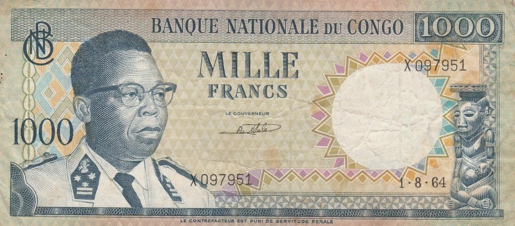 Billet de 1000 francs de 1964 au Congo, Timbres & Monnaies, Billets de banque | Afrique, Enlèvement ou Envoi, Autres pays, Billets en vrac