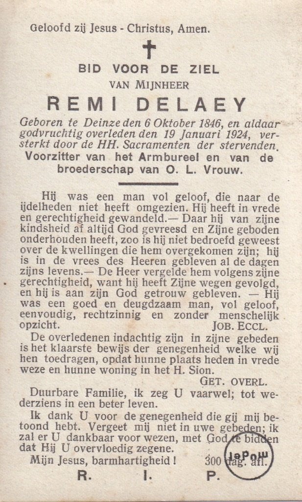 72  / B P FOTO DELAEY R . DEINZE 1846 - 1924, Verzamelen, Ophalen of Verzenden, Bidprentje