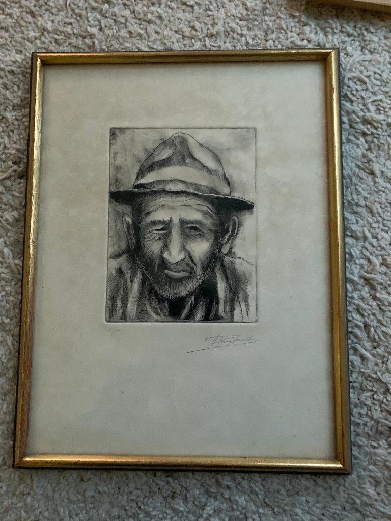 ets van malder oude man, Antiek en Kunst, Ophalen, Portret, Ets, Gesigneerd