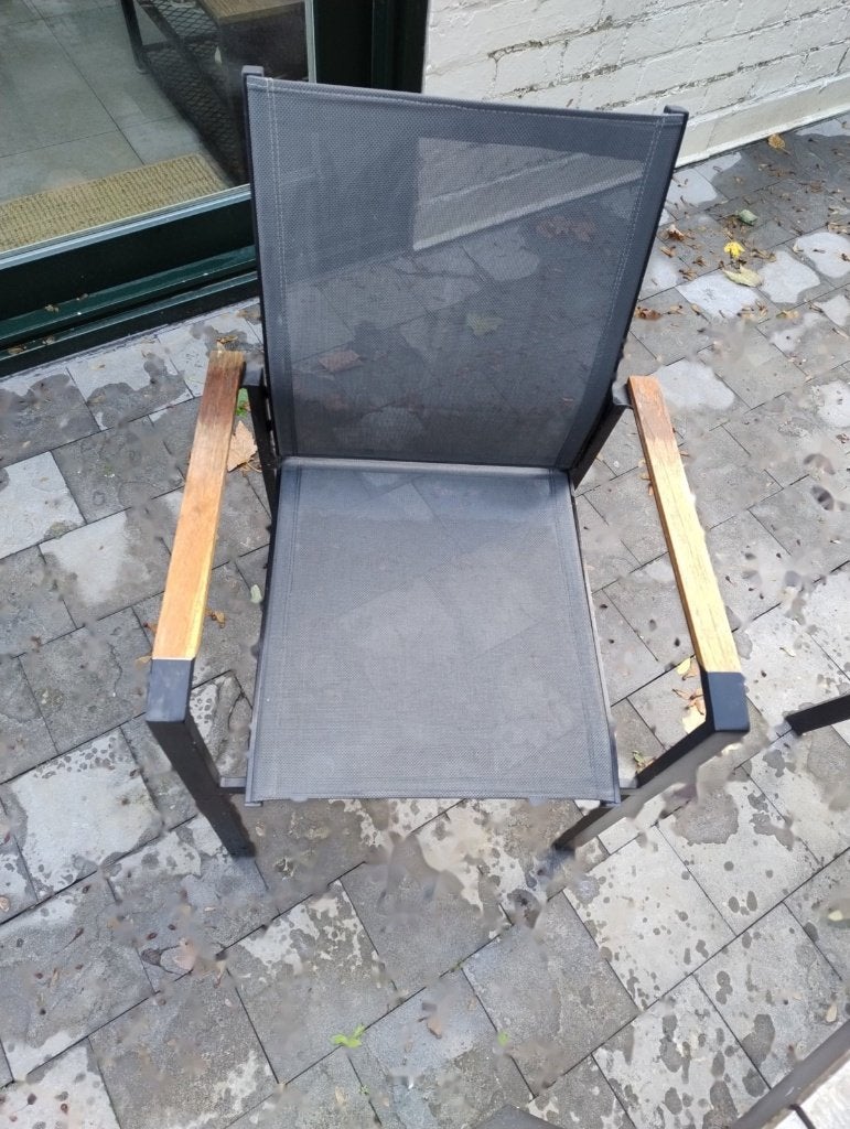 Tuintafel met 6 stoelen, zwart aluminium en teak, Ophalen, Gebruikt, Rechthoekig, Aluminium