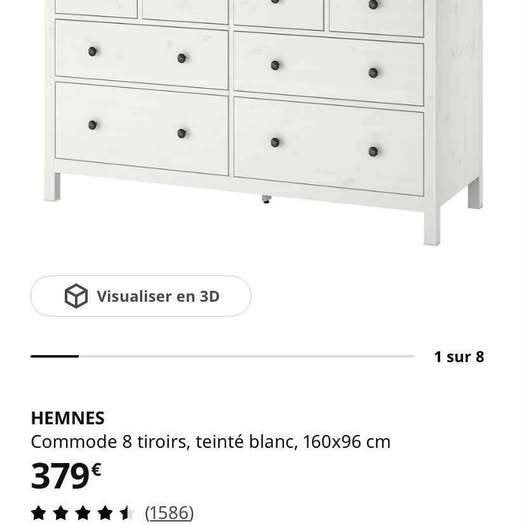 Commode Ikea Hemnes 8 tiroirs blanc, 5 tiroirs ou plus, Moins de 100 cm, 150 à 200 cm, Enlèvement