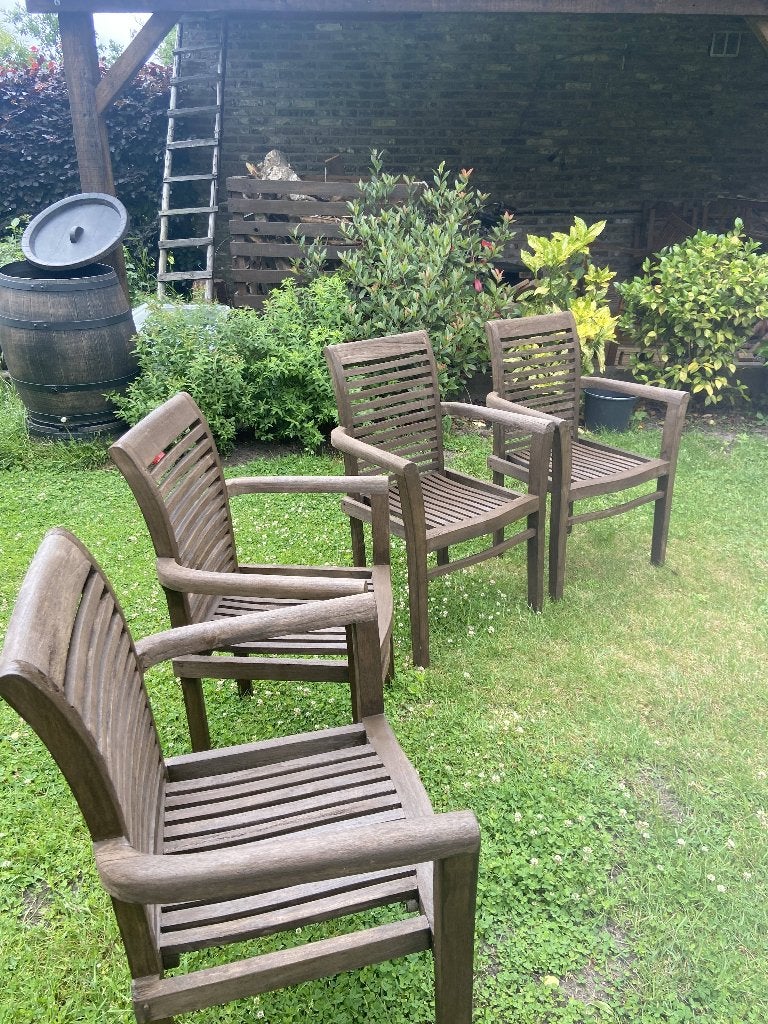 Set van 4 Bois le Duc stapelbare tuinstoelen – teakhout, Ophalen, Zo goed als nieuw, Teakhout, Stapelbaar