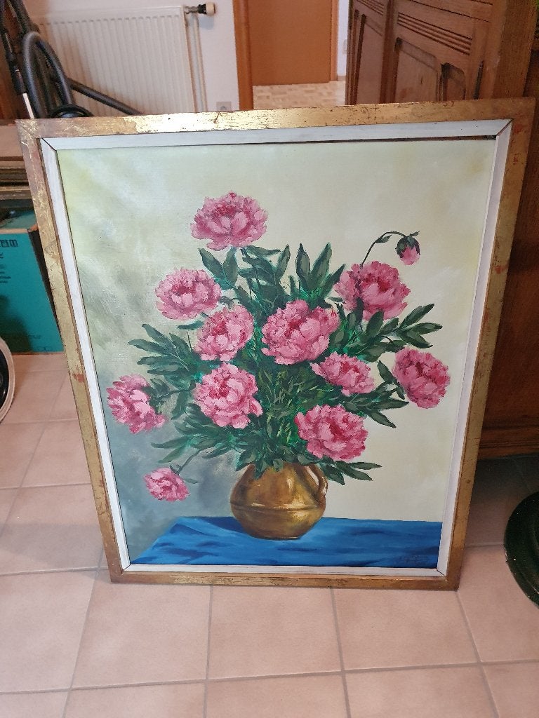 Stilleven met pioenrozen (Olieverf) – JM DEYMEN 1968, Antiek en Kunst, Ophalen, Stilleven, Handgeschilderd, Olieverf