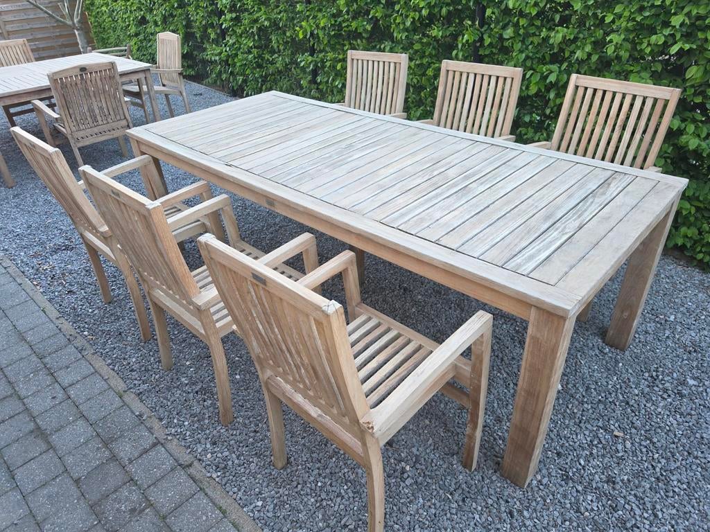 Massief teakhouten tuinset 240x100 + 6 stapelbare stoelen, Tuin en Terras, Tuinsets en Loungesets, Zo goed als nieuw, Tuinset