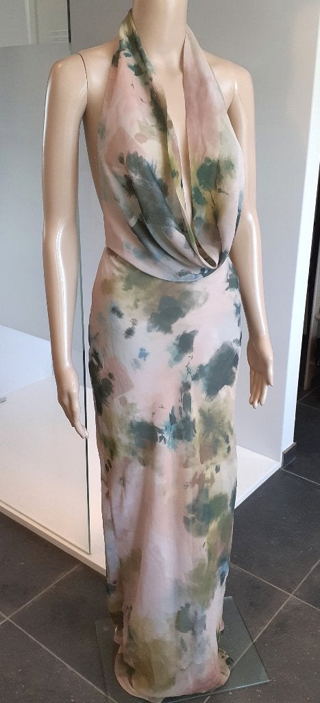 Avondjurk met watervalhals en prachtig patroon Indefeir XS, Galajurk, Beige, Nieuw, Ophalen of Verzenden