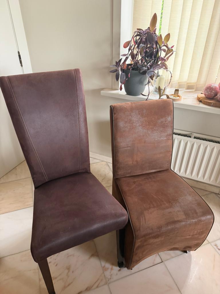 6 eetkamerstoelen op wieltjes, Ophalen, Gebruikt, Bruin, Daimlook